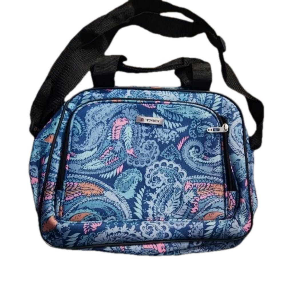 TAG shoulder bag with double straps and outside zip compartment EUC blue paisley